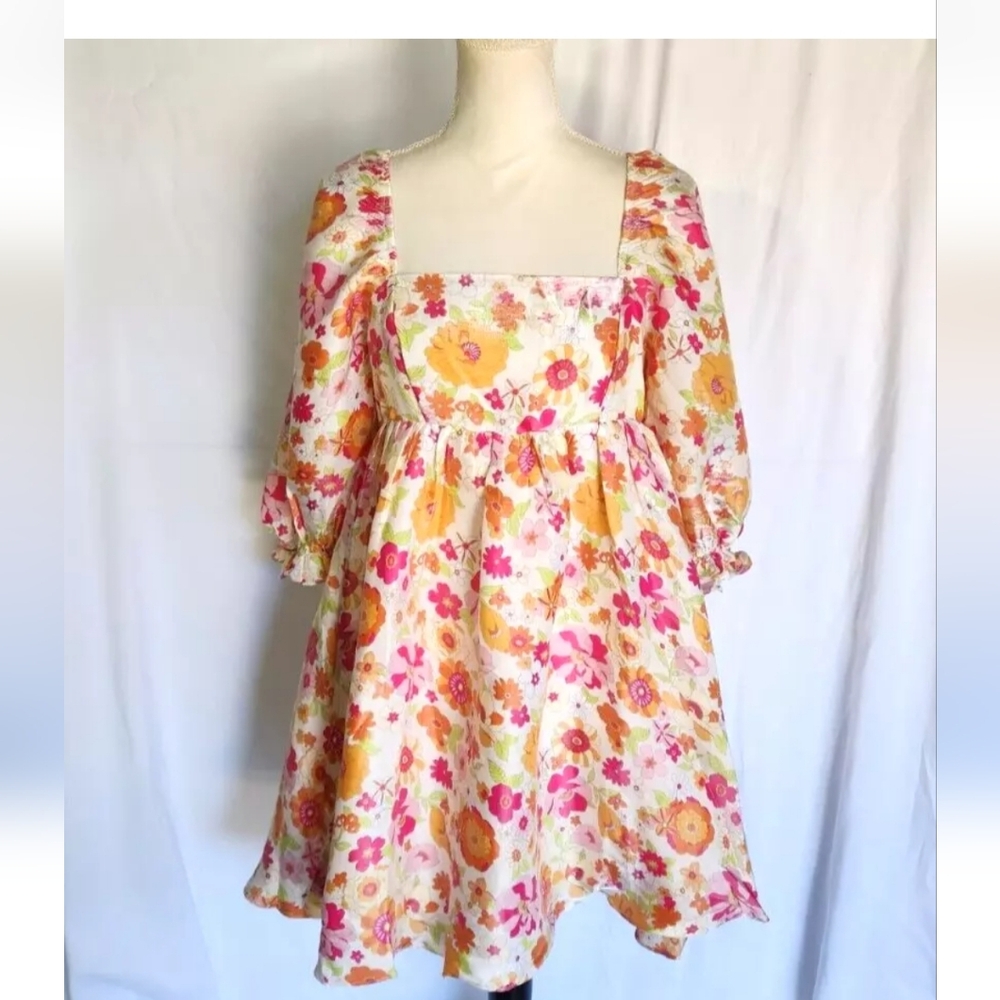Anthropologie Multicolor Warm Floral Puff Sleeve Babydoll Dress Medium - Picture 2 of 7